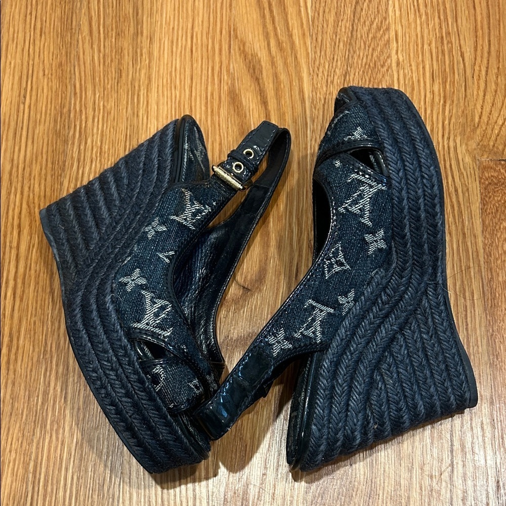 Vintage Louis Vuitton blue denim Wedge Sandals espadrille shoe 37 - Picture 3 of 12